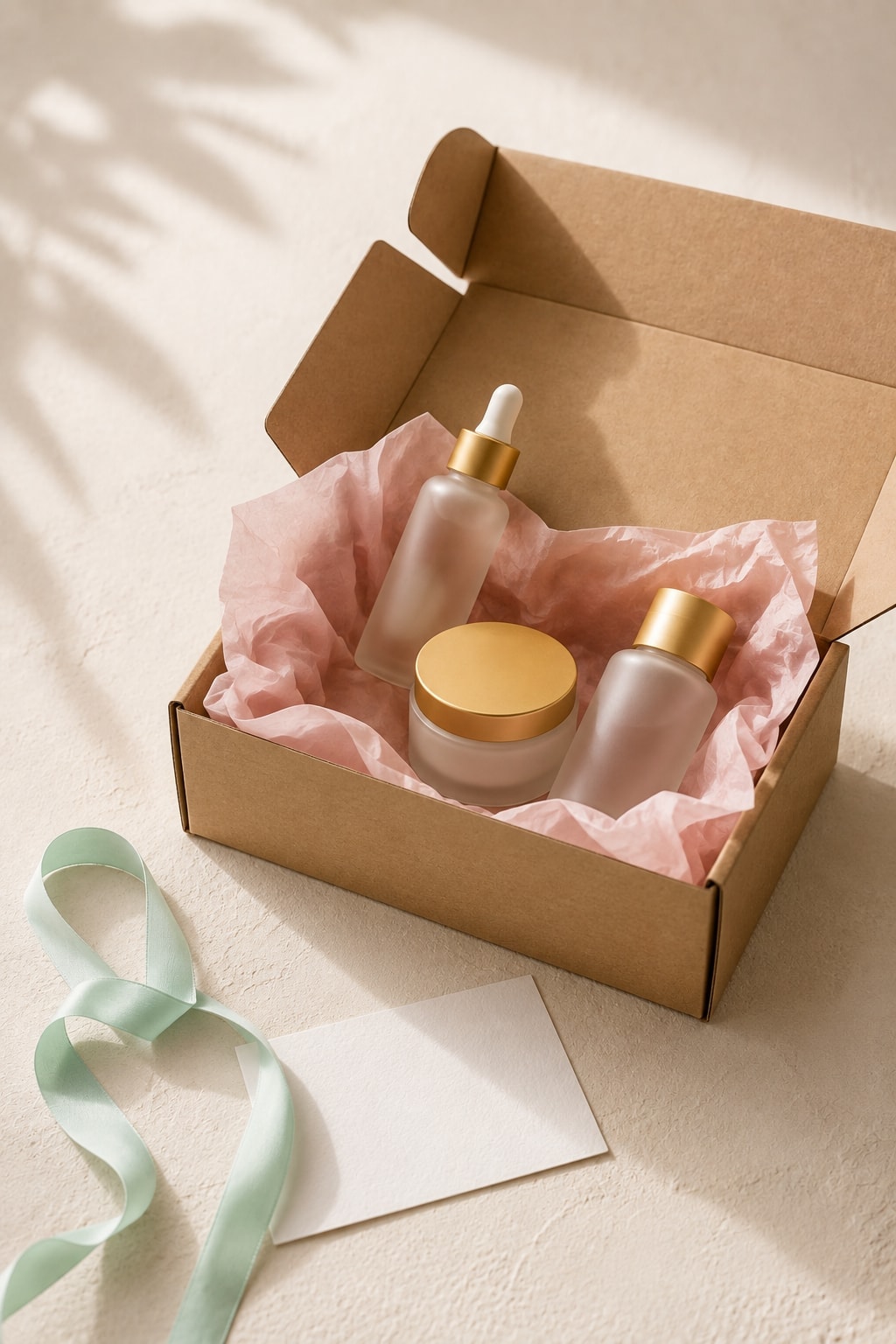 Caja de envío abierta con papel de seda rosado y tres frascos de skincare sin etiqueta en su interior