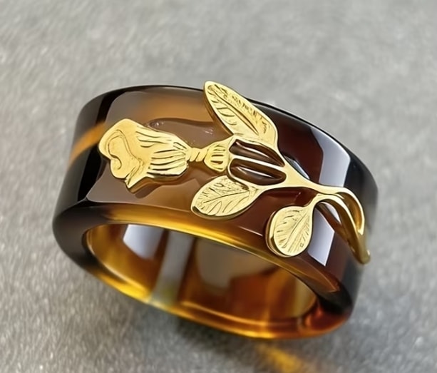 Anillo abierto acrílico ámbar con flores doradas grabadas