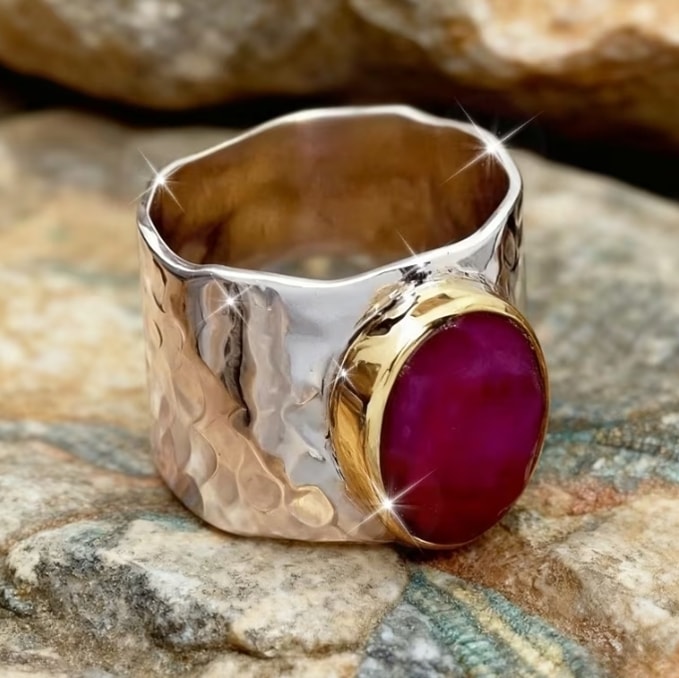 Anillo plata texturizada con piedra roja dorada