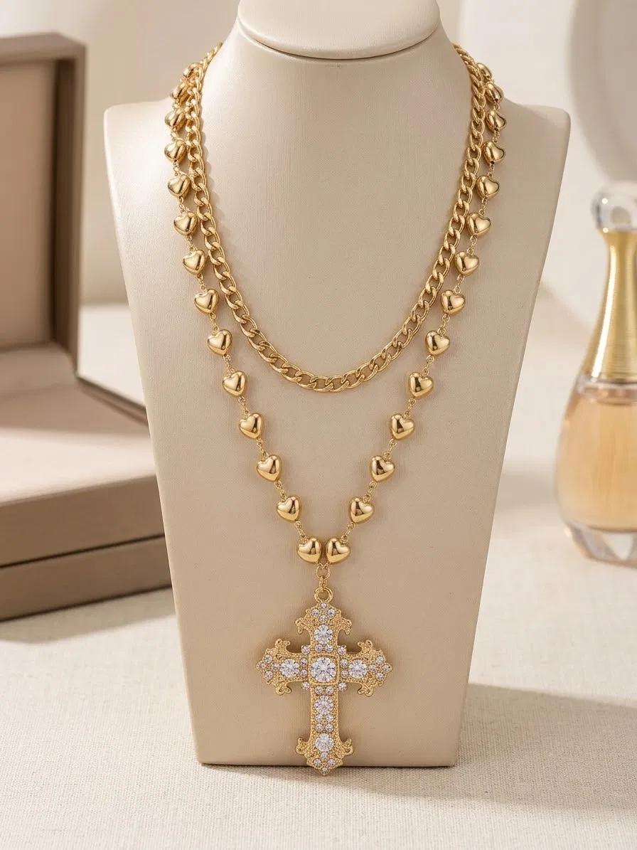 Collar doble cadena dorada con cruz religiosa y corazones