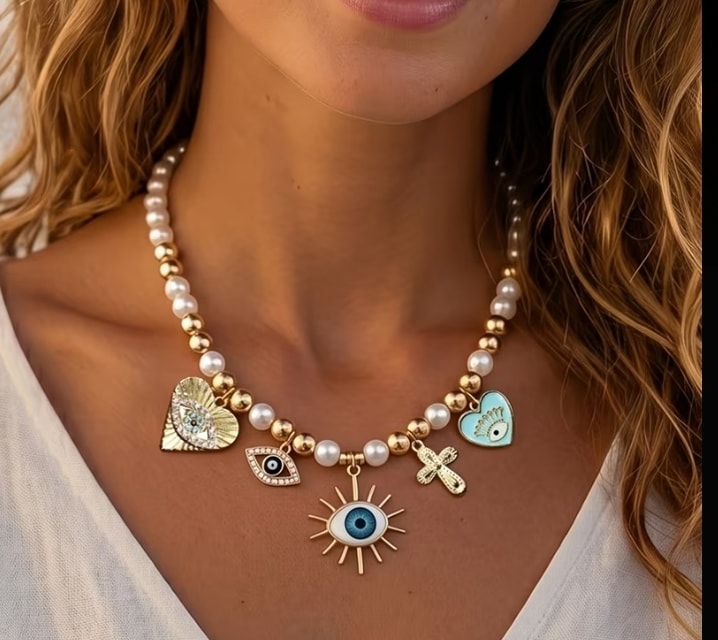 Collar perlas y dijes con sol ojo y corazones