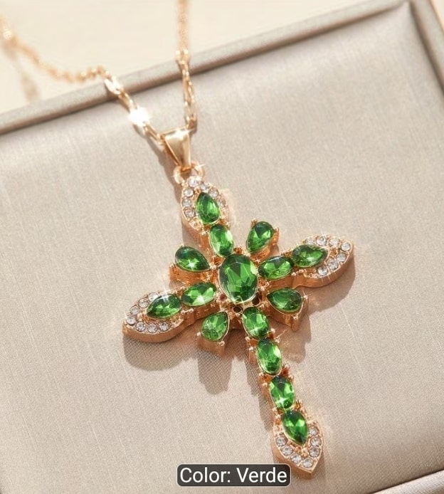 Collar religioso cruz verde esmeralda con circonias dorado