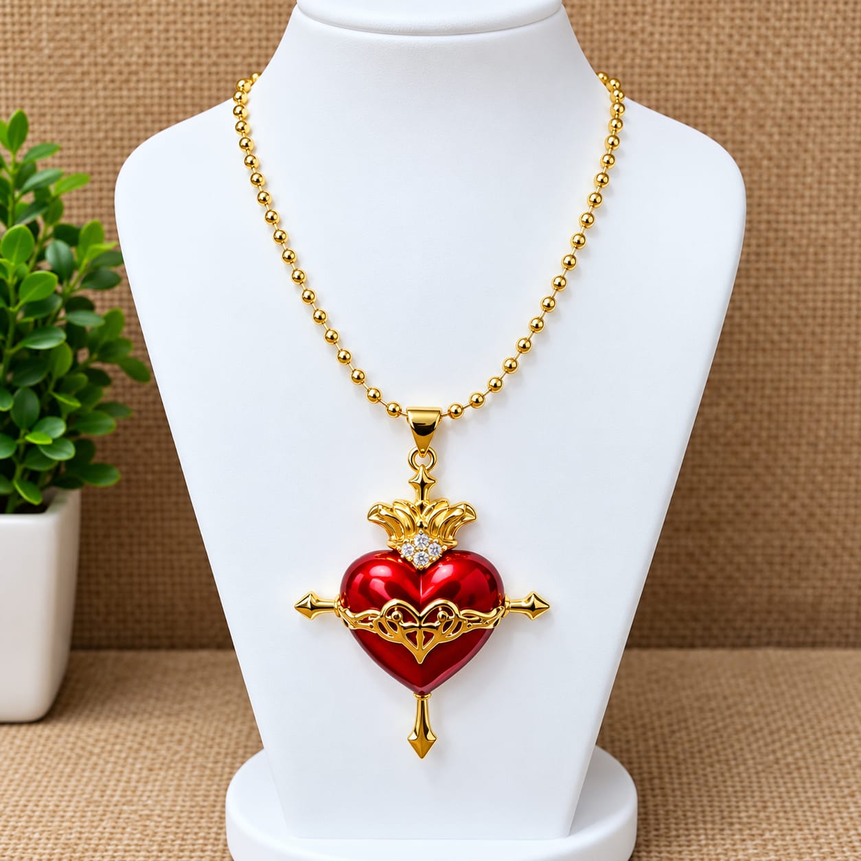 Collar Sagrado Corazón con corona y cruz dorada