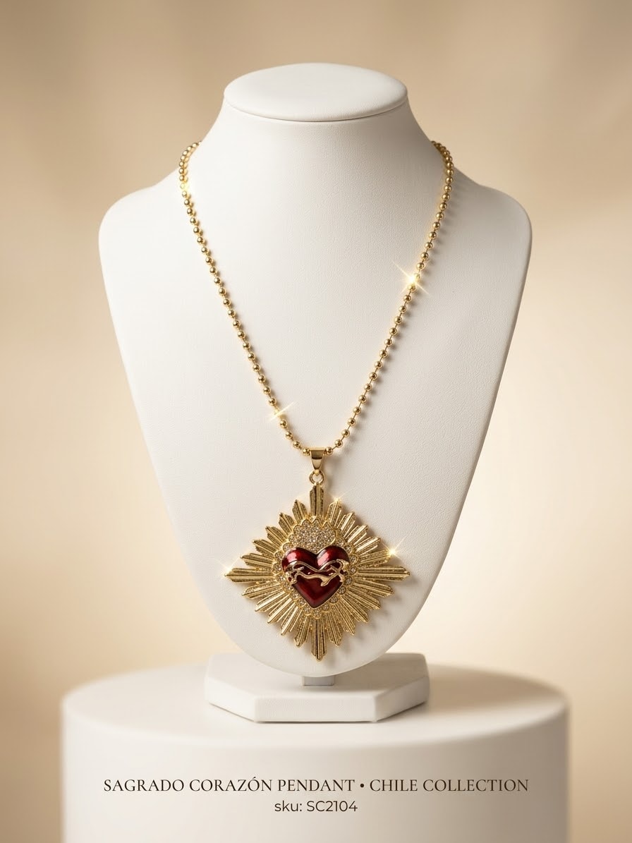 Collar Sagrado Corazón con resplandor dorado y corona