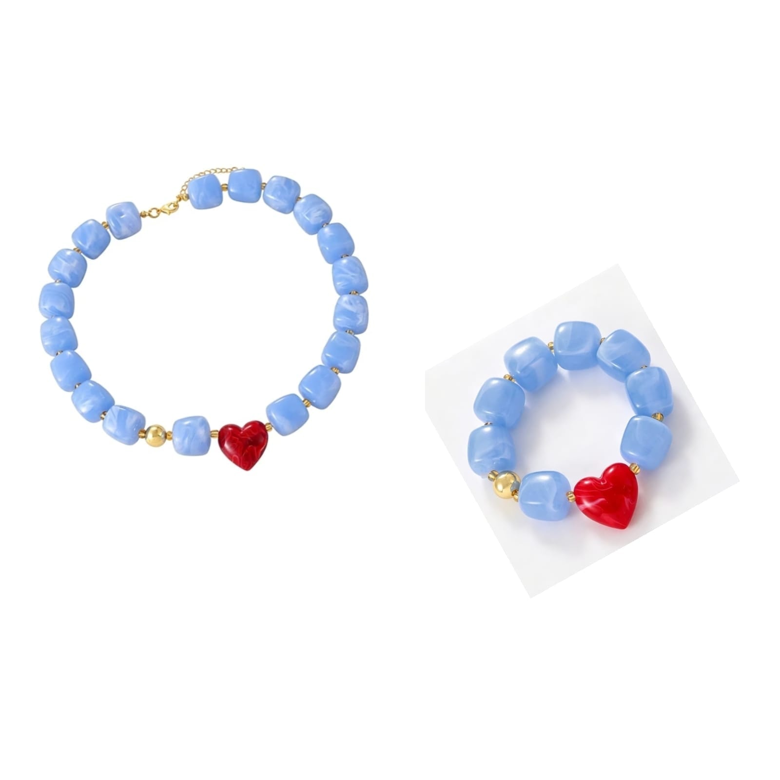 Collar y pulsera con cuentas azul cielo y dije de corazón rojo