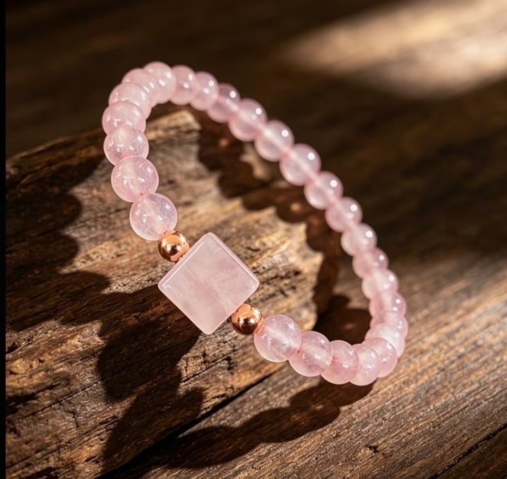 Pulsera de cuarzo rosa con dije cubo