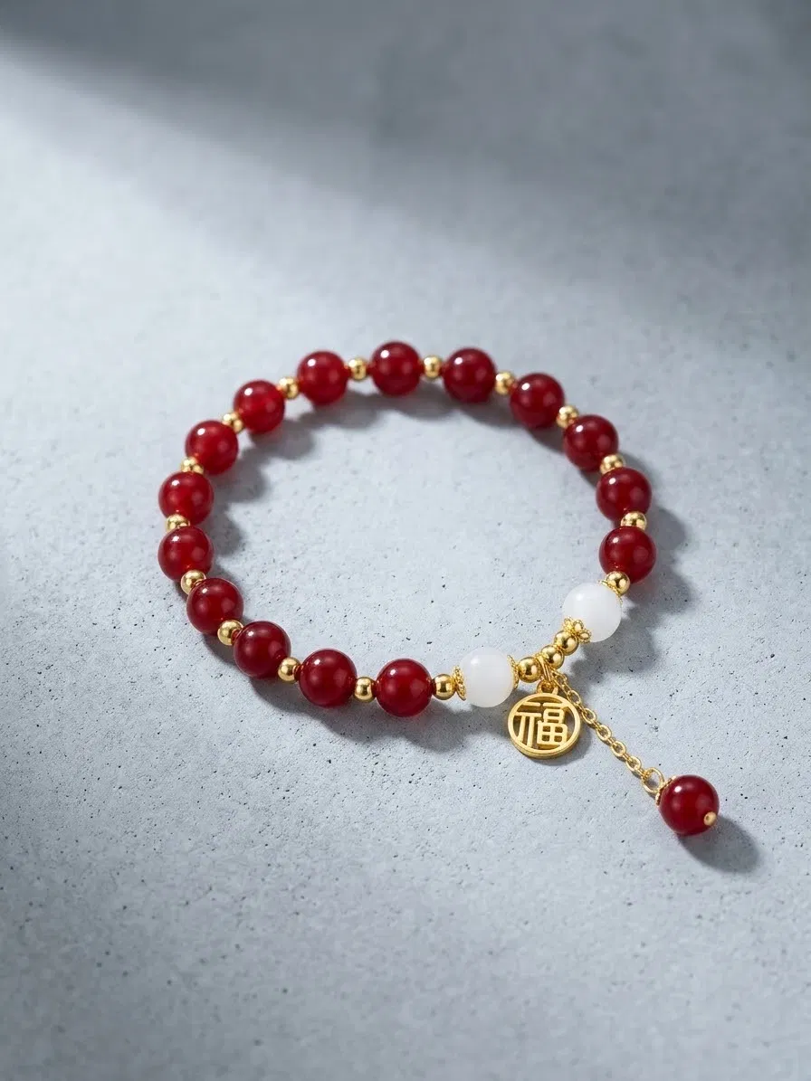Pulsera oriental roja con símbolo de buena suerte dorado