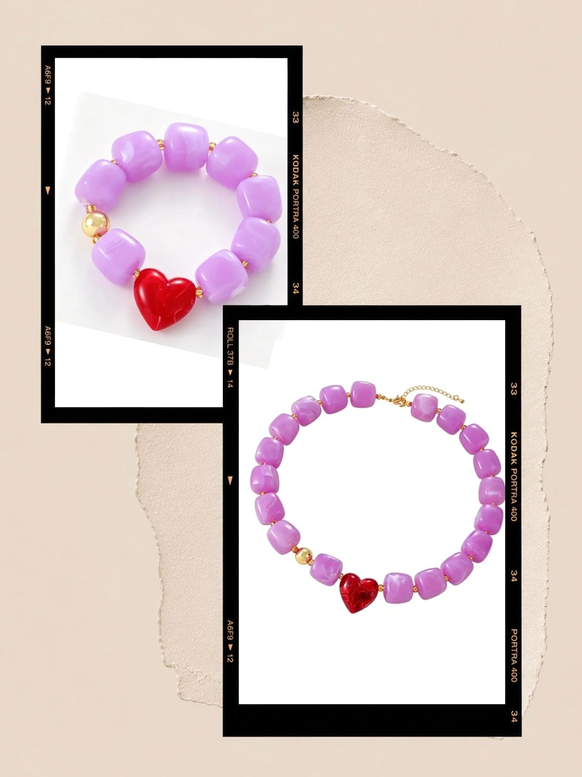 Set de collar y pulsera con cuentas púrpura y corazón rojo